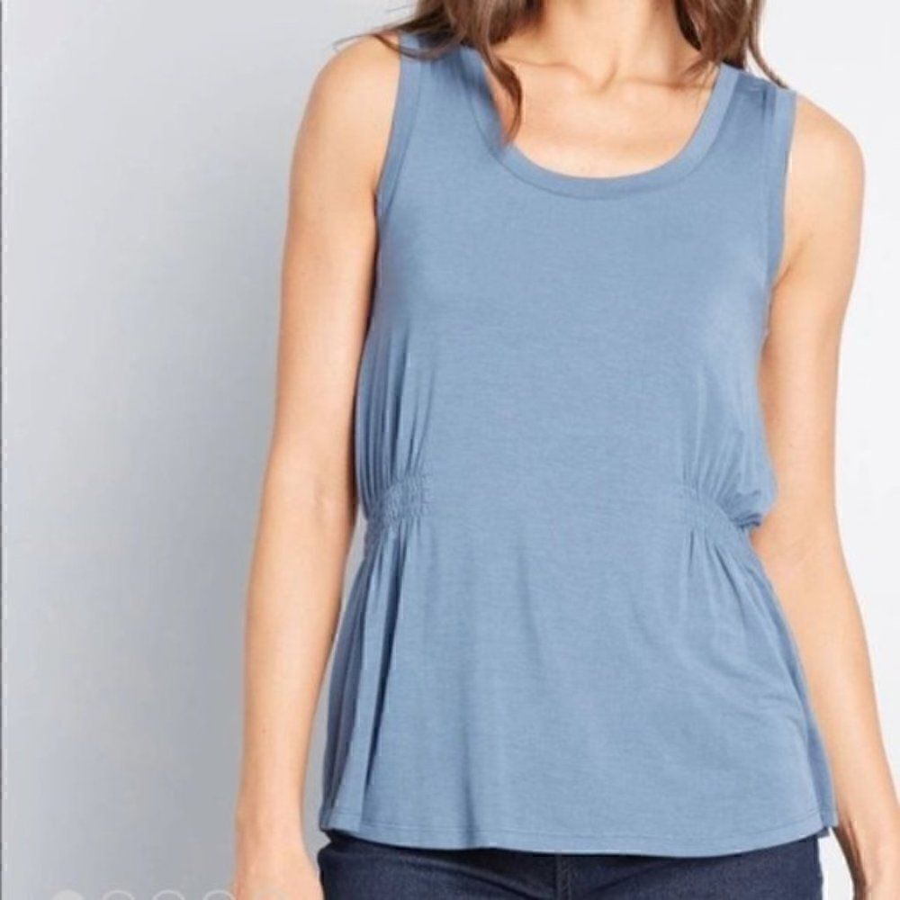 Modcloth Side Smocked Tank Top Easily Leisurely Knit Blue XXS
